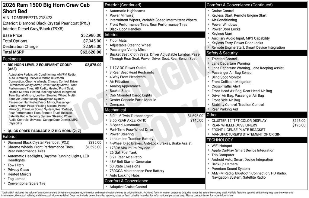 2026 RAM Ram 1500 RAM 1500 BIG HORN CREW CAB 4X4 5'7' BOX