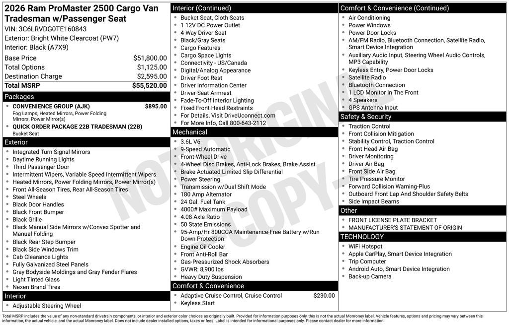 2026 RAM Ram ProMaster RAM PROMASTER 2500 TRADESMAN CARGO VAN HIGH ROOF 159' WB